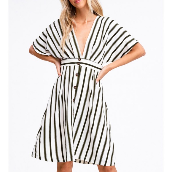 Olive Stripe Button Down Plunging VNeck Midi Dress - Picture 5 of 8